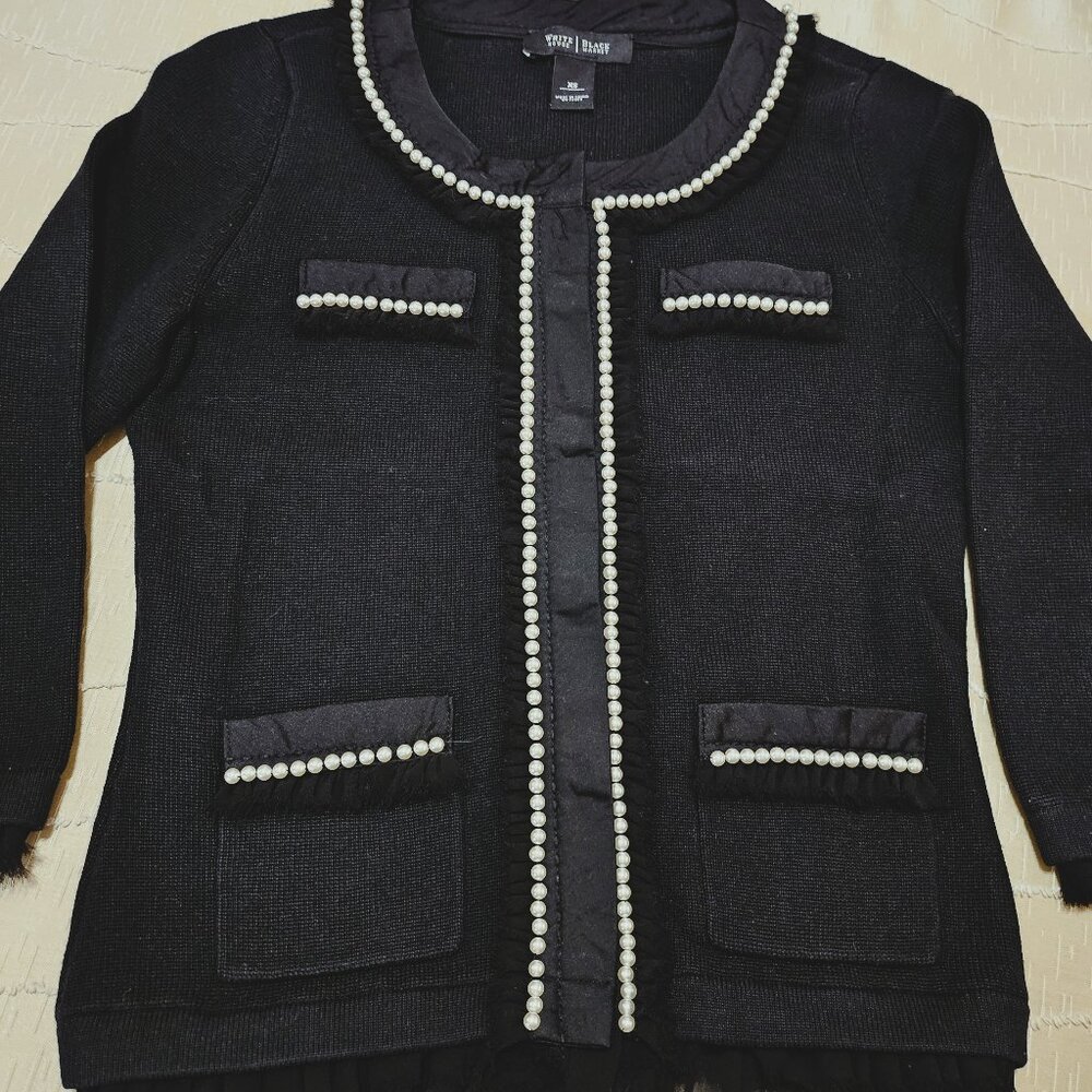 WHBM ELEGANT BLACK CARDIGAN w/ WHITE PEARL & BLACK RUFFLE POCKET & CUFF ACCENTS - Picture 3 of 16